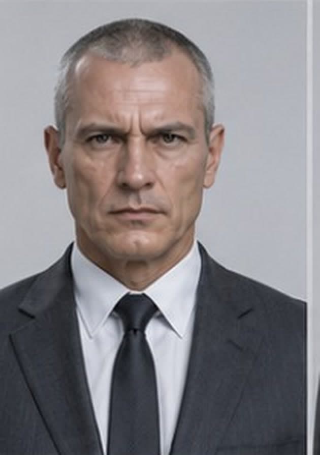 Retrato de frente del coronel: fondo gris, luz neutra, traje y corbata