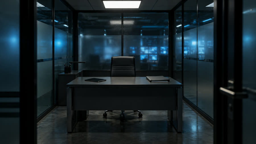 Oficina de cristal de noche con escritorio, silla y luz azul fría