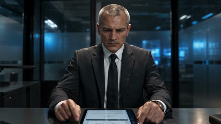 Último cuadro del clip: el coronel frente a su tablet